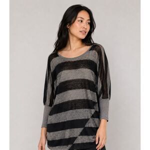 Vince Alpaca Wool Silk Striped Semi Sheer Dolman Tunic Sweater Gray Black M